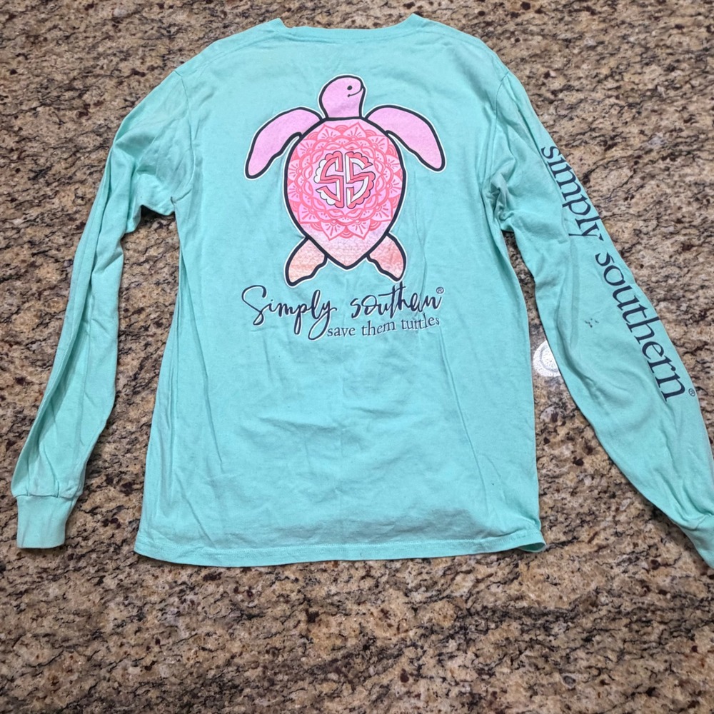 Simply Southern Mens Seafoam Green Save Them Turtles‎ Long Sleeve T-Shirt Size M